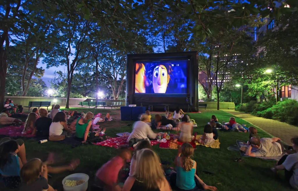 A crowded outdoor Halloween movie night