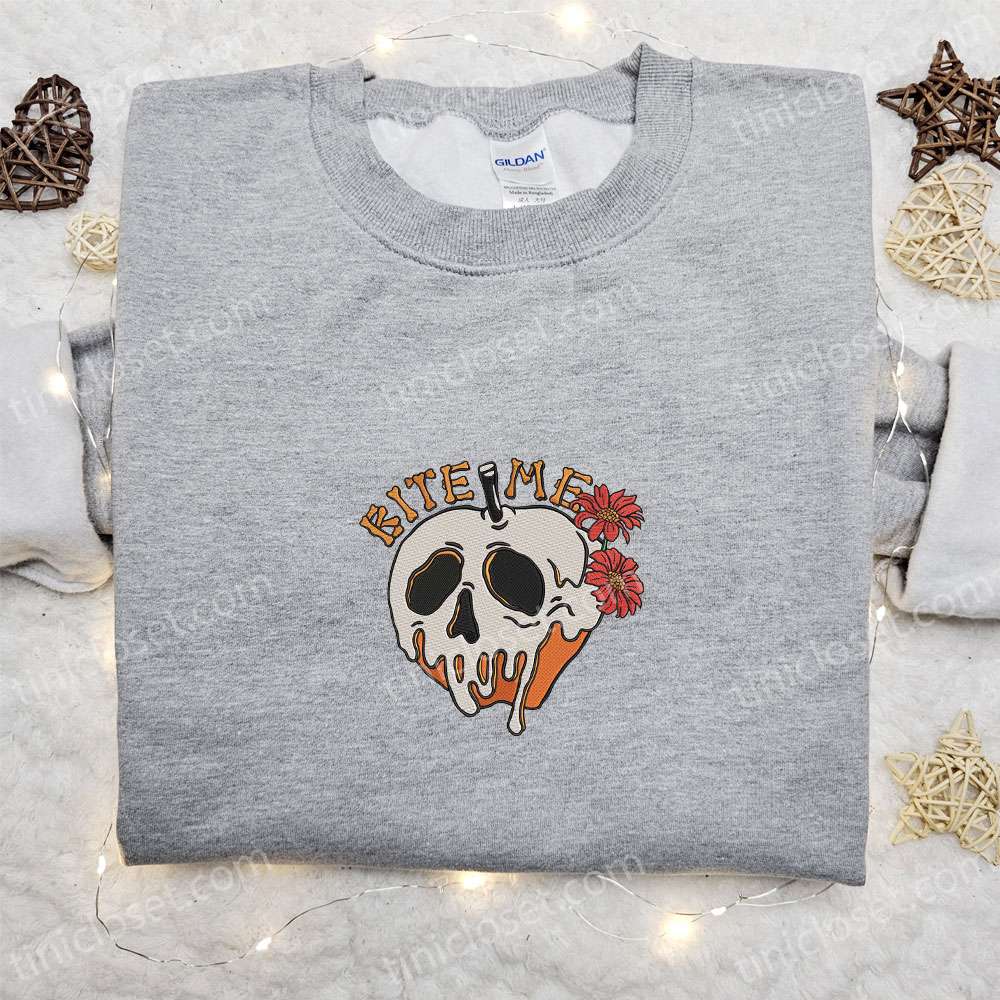 Bite Me Skull Poison Apple Halloween Embroidered Shirt, Halloween Embroidered Shirt, Best Halloween Gifts for Family
