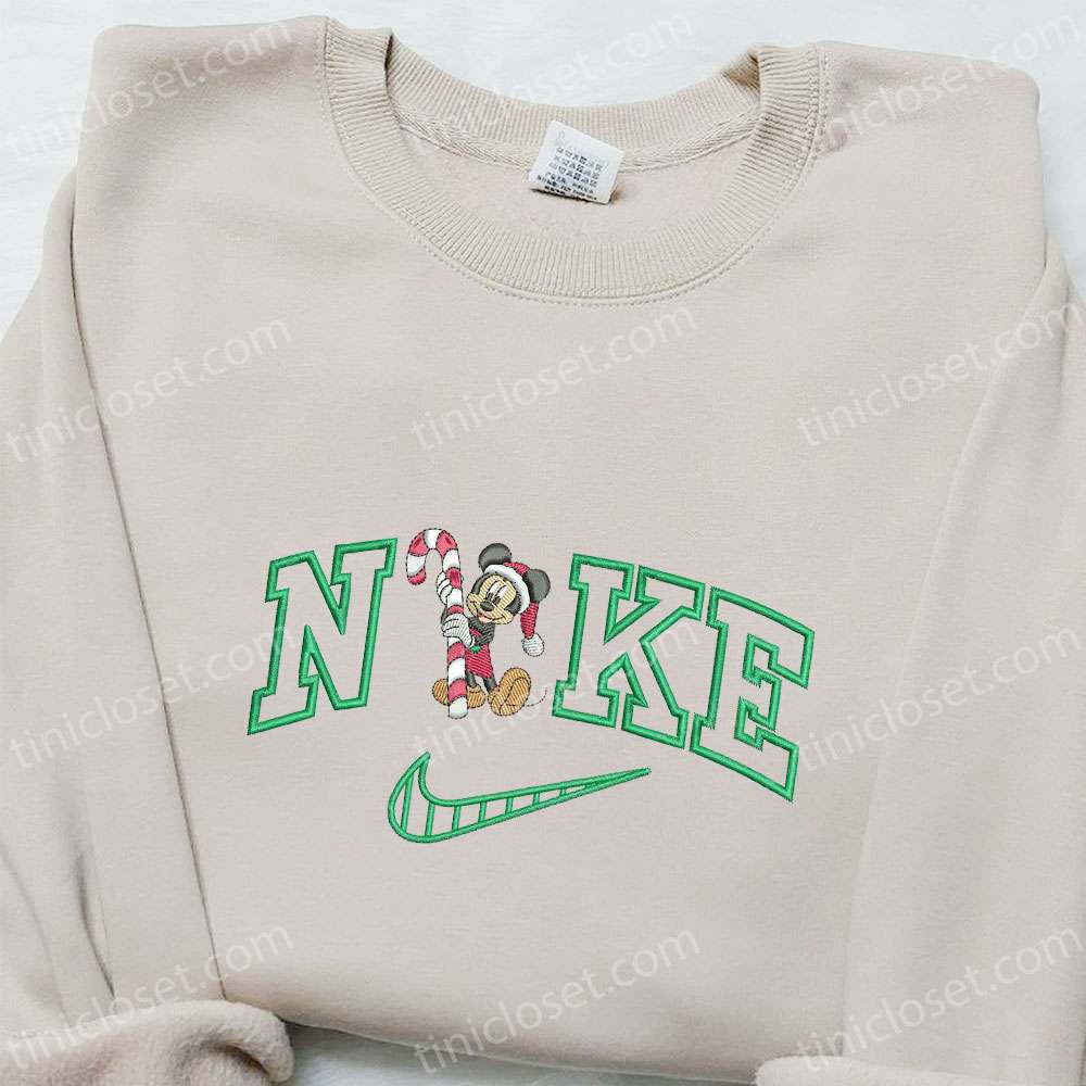 Mickey Mouse Candy Cane Xmas x Nike Embroidered Tshirt, Nike Inspired Embroidered Shirt, Best Christmas Gift Ideas