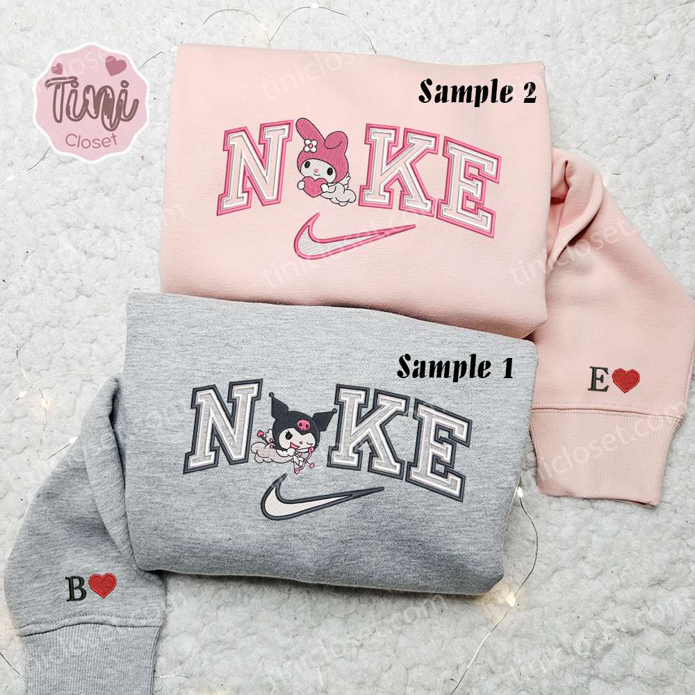 Kuromi And Melody x Nike Couple Embroidered Shirt, Cartoon Embroidered Hoodie, Valentine’s Day Embroidered Sweatshirt
