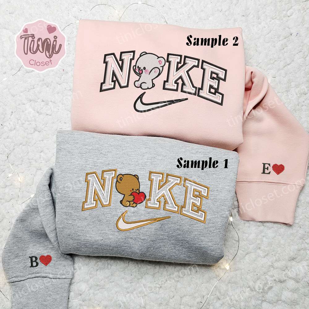 Milk And Mocha Bears x Nike Couple Embroidered Shirt, Cartoon Embroidered Hoodie, Valentine’s Day Embroidered Sweatshirt