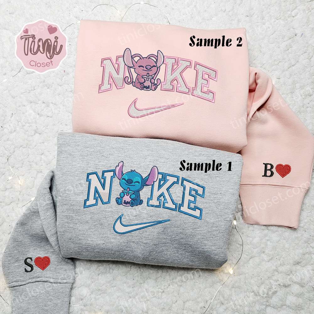 Nike Couple Stitch Angel Milk Tea Embroidered Shirt, Disney Couple Embroidered Hoodie, Best Couple Embroidered Sweatshirt